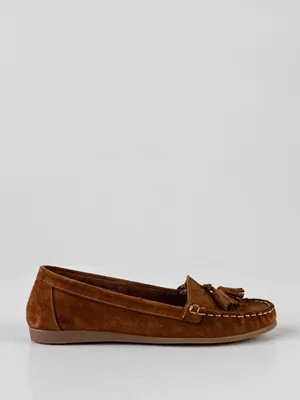 Produktbild von Braune Damen Slipper Mokassins aus echtem Leder mit Gummisohle, Größe 36