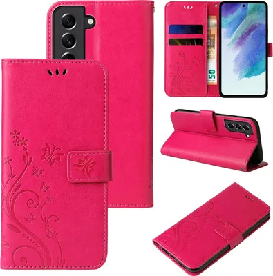 Produktbild von Handyhülle für Samsung Galaxy S21 FE Floral Blumen Schmetterling Flip Cover Hülle Case Klapphülle Handytasche Farbe: Pink