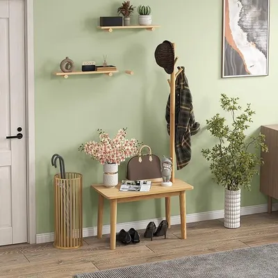 Produktbild von 3-in-1-Garderobenständer mit Bank, freistehender Flurbaum aus Holz mit Beistelltisch &T 4 Haken zum Aufhängen von Kleidung/Taschen/Hüten, Natur