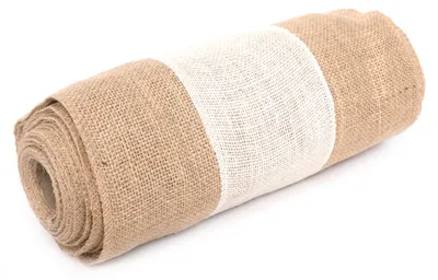 Produktbild von Jute Tischläufer 30 cm breit – Natur & Weiß – Meterware – 100 % Jute – Boho Deko, rustikal, Hochzeit, DIY, Tischdeko (N-12)