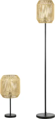 Produktbild von HOMCOM 2-dielna súprava stojacej lampy s 1 stolnou lampou, 1 stojacia lampa, súprava stojacej a stolnej lampy s päticou E27, ľanové tienidlo do obývačky, spálne, prírody