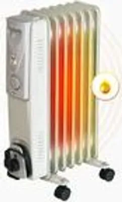A white oil-filled electric radiator with heat radiating from its fins.