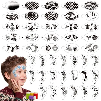Produktbild von Schminkschablonen Set 45 Stück mit 4 Fingerschwämmen für Kinder und Erwachsene