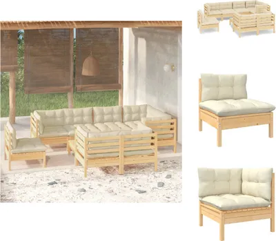 Produktbild von vidaXL 9-tlg. Garten-Lounge-Set mit Creme Kissen Massivholz Kiefer -  Gartenmöbel-Sets