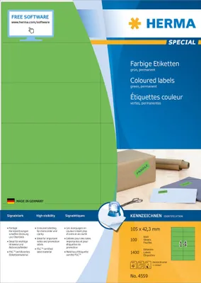 Produktbild von HERMA Etiketten A4 grün 105x42,3mm Papier matt 1400 St.