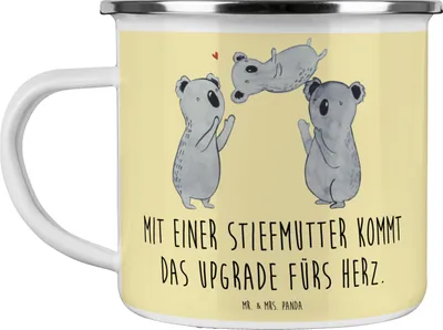 Produktbild von Mr. & Mrs. Panda Teetasse Herz Stiefmutter - Gelb Pastell - Geschenk, Emaille Tasse, Reisebecher, Upgrade, Campingbecher, Haferl, Pott, Stiefkind, Liebe, Handarbeit