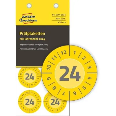 Produktbild von AVERY Zweckform Prüfplaketten 2024 Vinyl gelb 30 mm 80 Etiketten