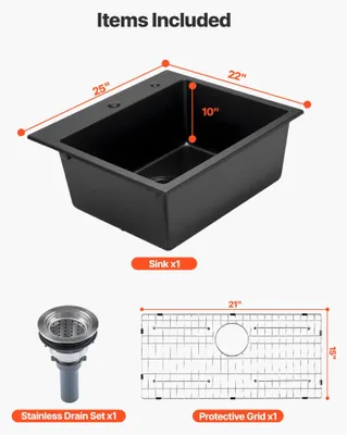 Obrázok produktu pre Kuchynský drez VEVOR granitový drez (635 x 559 x 254 mm) na povrchovú montáž, vstavaný drez v štýle vidieckeho domu s príslušenstvom, drezy do domácnosti pre obytné vozidlá, prípravné kuchyne, bary, čierny