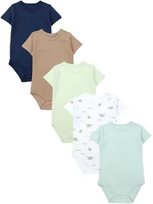 Produktbild von TupTam Baby Body Kurzarm – 5er Set Body Baby aus Baumwolle – Weicher, Atmungsaktiver Kurzarm Body Baby Jungen, Farbe: Blau_Streifen_Grün_Safari_Beige, Größe: 80