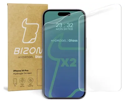 A hydrogel screen protector for an iPhone 14 Pro is shown next to its packaging.