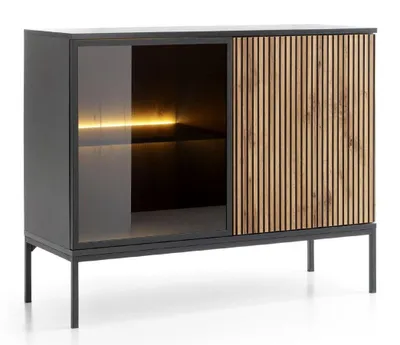 Produktbild von Sideboard HALLE K104 - Kommode mit 2 Türen, LED-Beleuchtung,Lamellen - Loft Stil (Eiche Wotan + Schwarz)