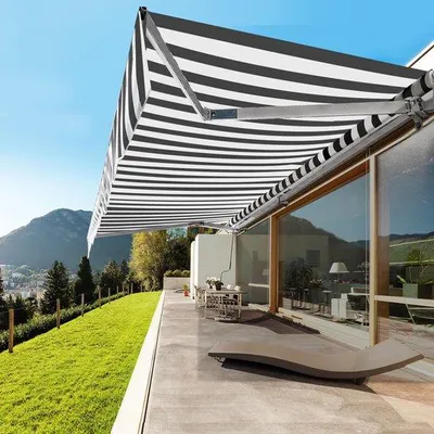Immagine prodotto di Tenda da sole per balcone, 350x300 cm - Alluminio - Bracci articolati regolabili - Tenda da sole manuale - Grigio/Bianco
