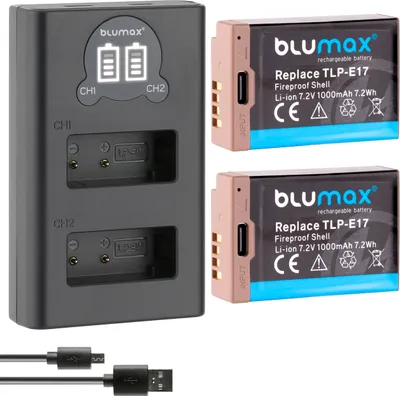 Produktbild von 2x Akku + LCD Lader für Canon LP-E17 EOS  M6 750D 760D  R10 R50 Typ-C 1000 mAh