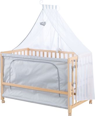 roba Beistellbett 60 x 120 cm - Jumbotwins - Babybett zum Anstellen - Inklusive Matratze, Bettwäsche, Himmel im Elefanten Design - Mobil & Höhenverstellbar - Holz natur