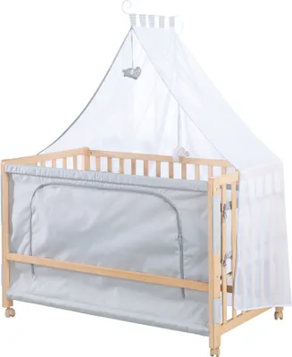 Produktbild von roba Beistellbett 60 x 120 cm - Jumbotwins - Babybett zum Anstellen - Inklusive Matratze, Bettwäsche, Himmel im Elefanten Design - Mobil & Höhenverstellbar - Holz natur