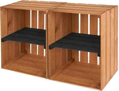 Two wooden crates with black shelves are placed side-by-side against a white background.
