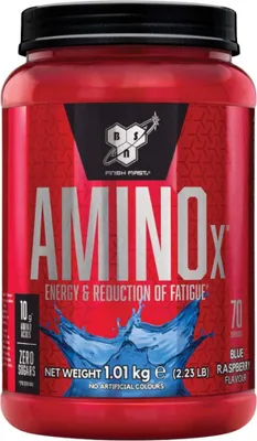 A red plastic container of BSN Amino X supplement powder with blue raspberry flavor.