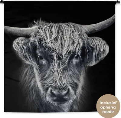 Produktbild von MuchoWow® Wandteppich Wandbehang Schottisches Hochlandrind - Schwarz - Kuh - Tiere 120x120 cm Tapisserie Dekoration Wandtuch - Modern - Baumwollgewebe