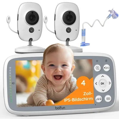 Productafbeelding van Babyfoon met 2 camera's, geen Wi-Fi, 4-inch 720P monitor, nachtzicht, geluidsdetectie, eenvoudig te gebruiken, 2-weg audio, temperatuurmeting, inclusief houder