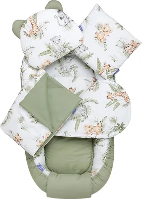 Produktbild von JUKKI Baby Nestchen 5tlg BAUMWOLLE SET für Neugeborene [Savanna Fun] 2seitig 100x55cm Babynest + Matratze + Decke + 2xKissen
