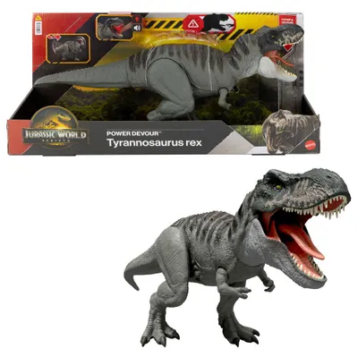 Productafbeelding van Mattel Jurassic World Rebirth T-Rex dinosaurusfiguur met bijtfunctie, licht en geluid