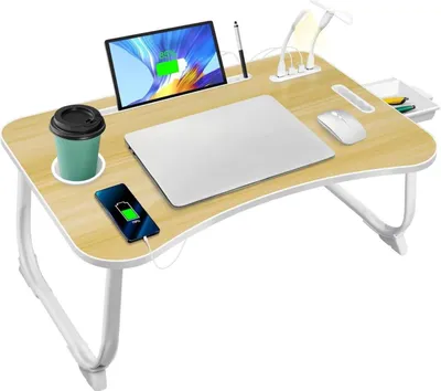 Zdjęcie produktu dla Składany stolik na laptopa z portem USB i uchwytem na kubek