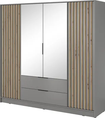 Produktbild von Masseno Drehtürenschrank NELIANA 206 cm Kleiderschrank Schlafzimmer Schrank 4-türig mit Spiegel Grau