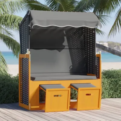 Produktbild von The Living Store Strandkorb mit Dach Poly Rattan & Massivholz Schwarz Anthrazit