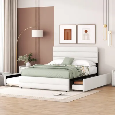 Image de Lit rembourré 140 x 200 cm, beige, avec lit gigogne et 2 tiroirs, sommier aspect lin avec tête de lit, stable et silencieux, jusqu'à 250 kg, matelas non inclus
