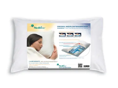A packaged pillow with marketing information and diagrams.