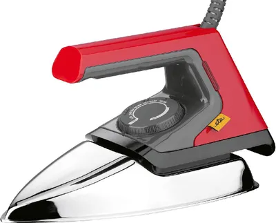 A product image of a red and silver steam iron against a white background.