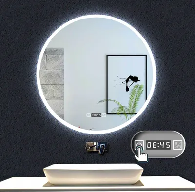Produktbild von LED Badspiegel mit Beleuchtung 3 Lichtfarbe dimmbar Uhr Speicherfunktion 80cm Badezimmer Spiegel Rund mit Beschlagfrei Wandspiegel mit Touch/Wandschalter