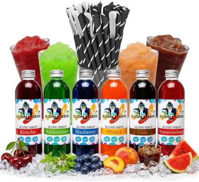 Productafbeelding van Siroop partyset 6 x 250 ml + 100 lepelrietjes van papier voor Slush-dranken - Slushy ijs zelf maken - Concentraat voor in de Slush-machine - 1:5