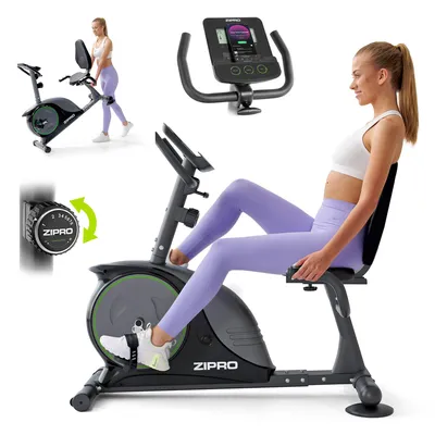 A collage of images showing a recumbent exercise bike and a woman using it, along with close-ups of its features.