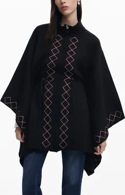 Produktbild von Eleganter Damenponcho in Schwarz mit Stickerei und Reißverschluss