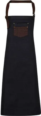 Image de Premier Workwear PR136 | TablierDivision Waxed Look Denim Bib Apron With Faux Leather - Couleur : Indigo/Brown Denim - Taille : One Size