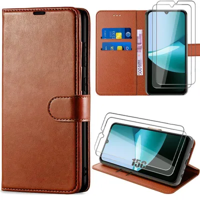 Image de Coque + 2 Verres Trempés pour Xiaomi Redmi 15C 4G/5G, Protection Cuir Synthétique Anti-Rayures Marron