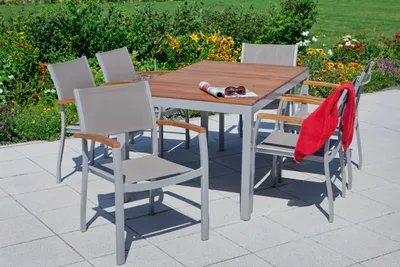 Produktbild von Merxx Gartenmöbelset Naxos, 7-teilig: 6 Stapelsessel & 1 Tisch, Aluminiumgestell mit Textilbespannung, grau, stapelbar, quergelattete Tischplatte