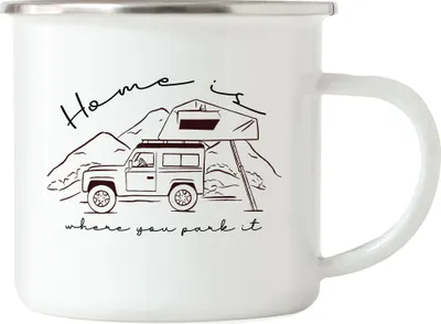 Produktbild von Camping Emaille Tasse mit Spruch Home is where you park it Geschenk Tasse für Camper Wohnmobil Geländewagen Dachzelt