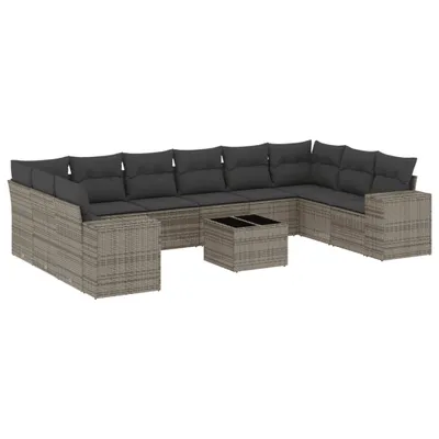Produktbild von 11-tlg. Gartenmöbel-Set, modulare Sofagarnitur mit Glastisch, UV-beständiges Poly Rattan Grau, inkl. abnehmbare Kissen Dunkelgrau