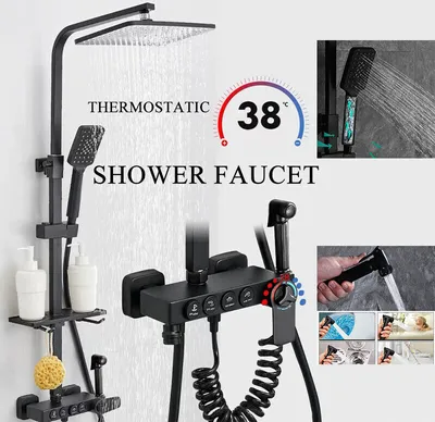 Produktbild von Thermostat Duschsäule, schwarz Duschsystem, Duscharmatur, verstellbares Duschset