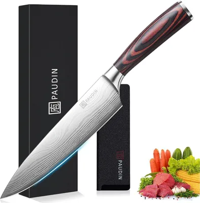 Image de Couteau de chef premium avec manche en bois Longueur de lame 20 cm Couteau de cuisine professionnel Couteau de chef en acier inoxydable au carbone de haute qualité Lame de couteau extra-tranchante