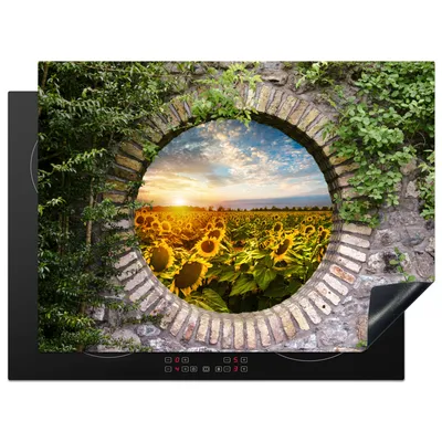 Produktbild von KitchenYeah© Herdabdeckplatte Sonnenblumen - Ansicht - Blumen - Sonne , 70x52cm, Küche Deko, Glaskeramikkochfeld Herdabdeckung, Abdeckplatte fùr Kochfeld