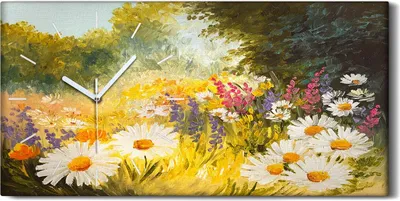 Produktbild von Wandbild Leinwand Bilder mit Uhr 60x30 Bunte Malerei Feld der Gänseblümchen - weiße Hände