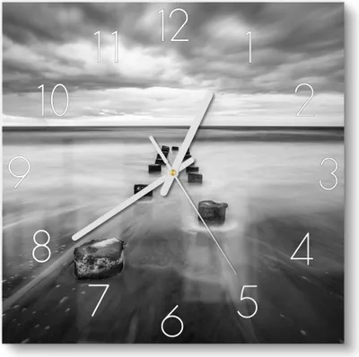 Produktbild von DEQORI Glasuhr 30x30 cm Zahlen 'Wellenbrecher im Meer' Wanduhr Glas Uhr Design leise
