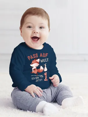 Produktbild von Baby Langarm-Shirt 1. Geburtstag Pass auf Welt ich bin jetzt 1 2 Fuchs Geburtstagsshirt Baumwolle MoonWorks® 1 navy 80/86 (10-15 Monate)