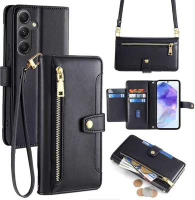 Produktbild von Handykette Samsung Hülle mit Band Handyhülle Kartenfächer Kunstleder Umhängetasche Galaxy A55 Schwarz