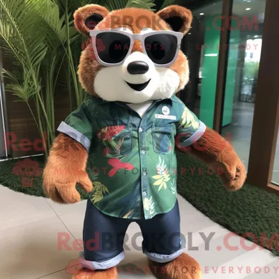 Produktbild von Waldgrüner REDBROKOLY Roter Panda Maskottchen Kostüm Charakter gekleidet mit einem Chambray Hemd und Sonnenbrille