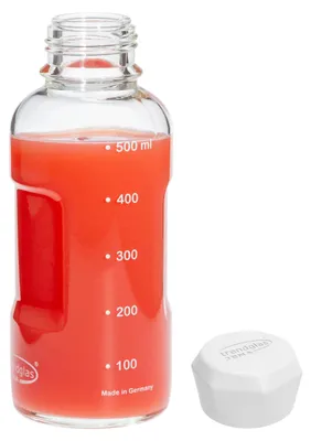 Trinkflasche Borosilikatglas 500 ml mit Skala, weißer Deckel