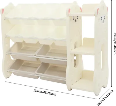 Immagine prodotto di Scaffale portaoggetti per bambini - Scaffale contenitore - Angoli arrotondati - 115x36x85 cm - Contenitore multifunzione per giocattoli - Plastica resistente - Bianco